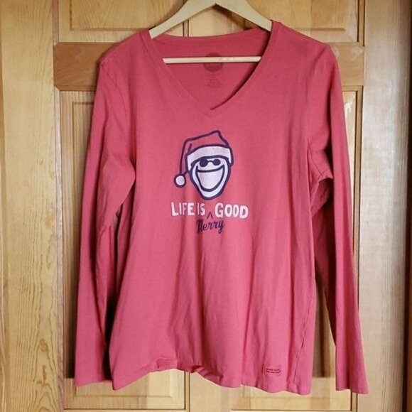 Life is Good Graphic Logo Santa Hat 'Life is MERRY Good" LS Crusher Sz. T-shirt - Picture 1 of 8